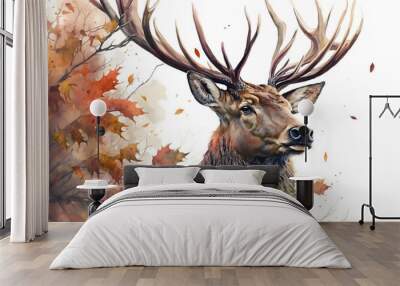 Watercolor Painting of Portrait of Majestic Red Deer Stag in Autumn Fall Wall mural