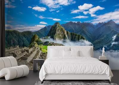 Overview of Machu Picchu, agriculture terraces and Wayna Picchu peak in the background Wall mural