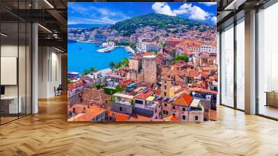 Split, Croatia: Panoramic cityscape of the old medieval city, waterfront and Marjan hill, Dalmatia, Adriatic sea Wall mural