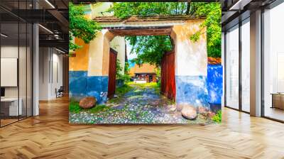 Viscri, Brasov, Romania: Blue painted traditional house from Viscri village, Transylvania, German Saxon community Wall mural