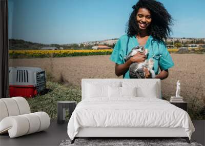 Veterinarian examining a bunny in a hay field Wall mural