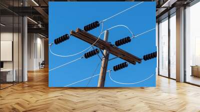 Power lines and insulators with a clear blue sky Wall mural