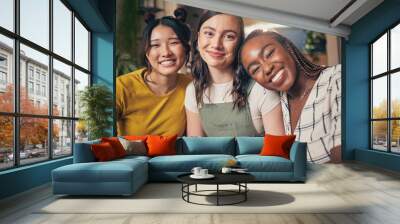 Smile, diversity and friends with portrait of women in living room for support, relax and happy. Social, care and happiness with group of people on sofa at home for hug, bonding and peace together Wall mural