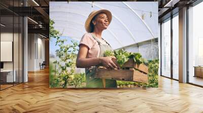 Smile, greenhouse and black woman on farm with vegetables in sustainable business, nature and sunshine. Agriculture, garden and happy female farmer in Africa, green plants and agro farming in field. Wall mural