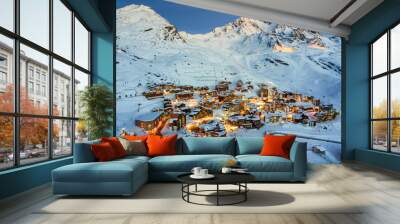 Aerial drone shot dusk view of Val Thorens, ski resort in Haut Savoie, France Wall mural