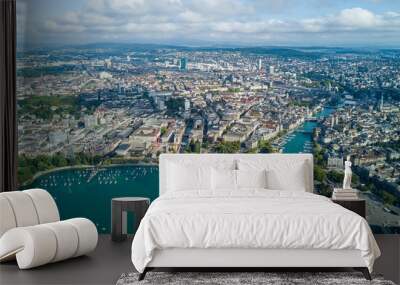 Beautiful aerial drone view of Zurich city and lake, during summer time, in Switzerland Wall mural