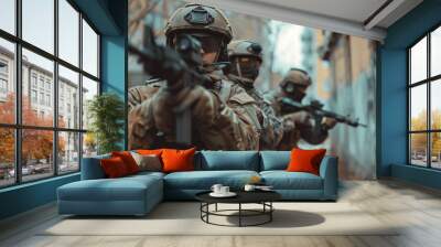 A squad of highly trained special forces soldiers in full tactical gear carefully advancing through an urban environment, prepared for engagement. Wall mural