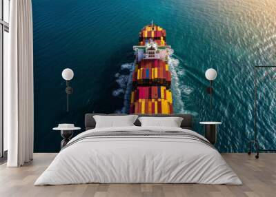 Aerial view of a large cargo ship transporting a load of colorful containers across the calm blue sea, symbolizing global trade and logistics. Oversea import export transportation concept. Wall mural