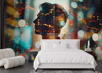 Double exposure silhouette of a professional businessman against a city skyline, overlaid with futuristic digital data and graphs symbolizing business analysis and strategy. Wall mural