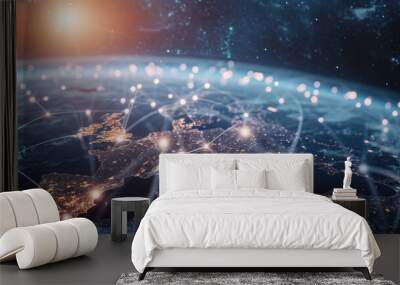 European telecommunication and data transfer networks with global internet connectivity for communication technology. Includes internet of thing, finance, business, blockchain, and security. Wall mural