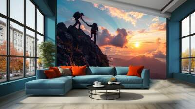 Silhouette photo of mountain climber helping his friend to reach the summit, showing business teamwork, unity, friendship, harmonious concept.	 Wall mural