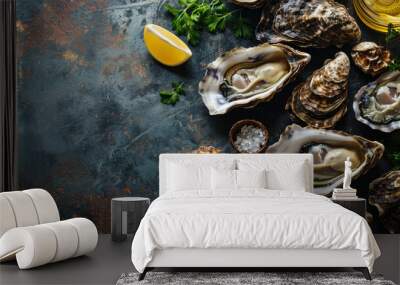 Top view flat lay of various kinds of oyster on the table with copy space. Wall mural