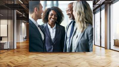 A diverse group of Black, White, Hispanic, and mixed individuals collaborate in a business meeting. Ideal for themes of workplace diversity, teamwork, and professional success. Wall mural