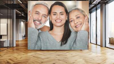 Parents, woman and hands in home portrait, weekend visit and relax together for bonding. Retirement, proud daughter and love family in Argentina, happiness and care for relationship security on sofa Wall mural