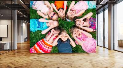 A group of children lying on the green grass in the Park. The interaction of the children. Wall mural