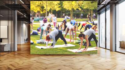 A group of young people do yoga in the Park at sunset. Wall mural