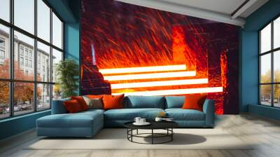 hot steel on conveyor in steel mill Wall mural