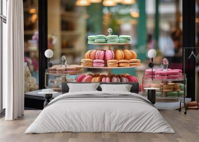  A patisserie window filled with colorful macarons , showcasing the elegance of French delicacies and sweet selection.
 Wall mural