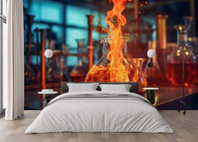  A scientific experiment involving fire in a lab, with a controlled flame burning in a beaker, showcasing the intersection of chemistry and fire in a laboratory setting.
 Wall mural