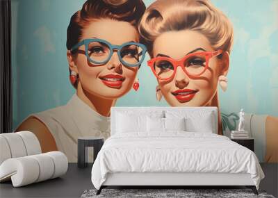  An enchanting vintage poster features sophisticated women from the 1950s, accentuating their allure with iconic cat-eye glasses and classic fashion Wall mural