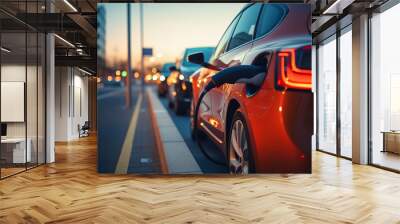  Several electric cars are lined up and plugged into a sleek, modern charging station, indicating a shift towards cleaner transportation Wall mural