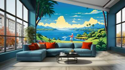 A bright, eye-catching illustration of a golfer perfectly captured in mid-swing on a lush, tropical golf course. The ocean and clear blue sky in the background add to the stunning vista. Wall mural