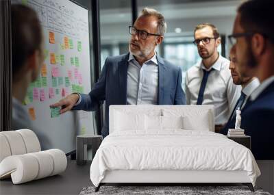 A businessman is leading a brainstorming session with his colleagues, using a whiteboard to outline strategies and goals Wall mural