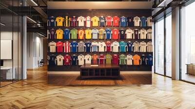 A collection of soccer jerseys, featuring various teams and players, is displayed on a wall, showcasing the owner's passion for the sport Wall mural