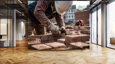 A construction worker is seen placing bricks as he works on building a new residential structure Wall mural