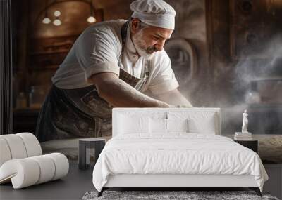 A diligent baker sprinkling flour on dough in a bakery, underscoring the process and precision of handcrafted bread making Wall mural