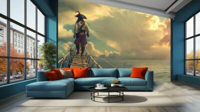 A fearful pirate walks the plank under duress - extending over tumultuous ocean waters while his crew watches in suspense wide Wall mural