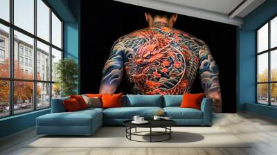 A man shows off traditional Japanese tattoo artwork covering his entire back, depicting dragons and cherry blossoms Wall mural