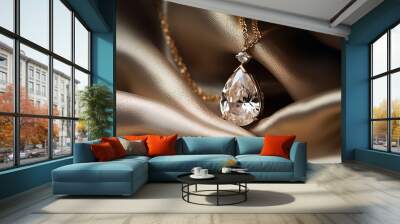 A tear-shaped diamond pendant, glistening with purity and clarity, lies gracefully against the gentle folds of a soft silk fabric Wall mural