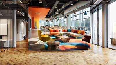 A vibrant photo capturing a modern open space office filled with colorful furniture. 
The energetic colors stimulate creativity and encourage a positive work atmosphere. Wall mural