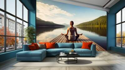 A woman stretches into a yoga pose on a wooden pier, overlooking a calm lake enveloped in morning mist, inspiring mindfulness Wall mural