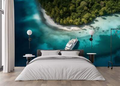 An aerial photograph of a luxury yacht anchored near a tropical island, revealing its grand scale amidst the pristine waters and vibrant greenery. Wall mural