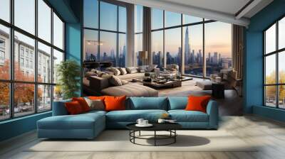 An image showcasing the interior of a luxury penthouse apartment, featuring floor-to-ceiling windows that offer a breathtaking city view. 
This image exudes the comfort and opulence of high-end living Wall mural