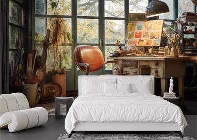 An image showing a vintage swivel chair in a creative studio, featuring a retro design and paired with an artist's desk, adding an inspiring old-school charm to the creative workspace Wall mural