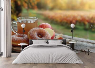 Apple Cider Donuts and Warm Cider in Orchard Setting   Wall mural