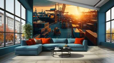 Busy Port Twilight Operations with Professional Logistics Coordination   Wall mural