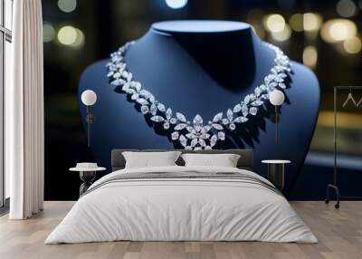 Closeup shot of an expensive diamond necklace on display, illustrating the grandeur of precious jewelry and immense wealth Wall mural