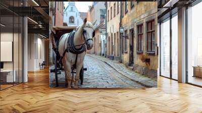 Elegant Horse-Drawn Carriage in Historic City Setting Wall mural