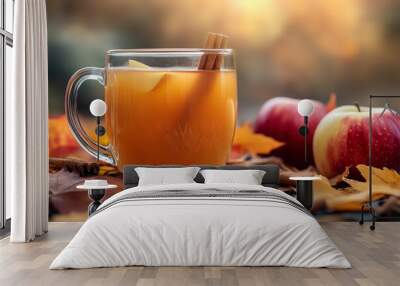 Hot Apple Cider with Cinnamon in Autumn Ambiance   Wall mural