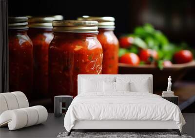 Mason jars filled with homemade canned tomato salsa are sealed and placed on a wooden table. Wall mural