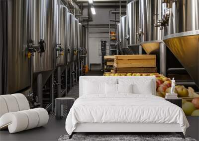 Modern Cider Brewery with Stainless Steel Fermentation Tanks   Wall mural