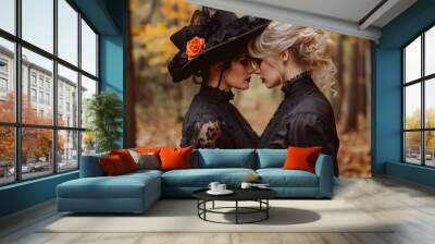 Romantic LGBT Halloween Retreat with Gothic Costumes in Spooky Forest   Wall mural