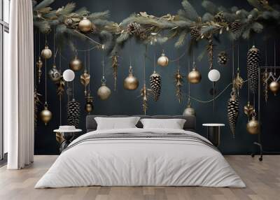 Sparkling ornaments of diverse shapes dangle gracefully from a frosted pine branch, symbolizing the spirit of festive decoration Wall mural