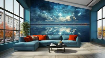 The serenity of a digital realm as a cloud reflects in tranquil waters under a digital sky dotted with data stars Wall mural