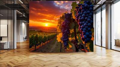 The setting sun casts golden hues on ripe grapes, whispering promises of tomorrow's fruitful harvest endeavors Wall mural