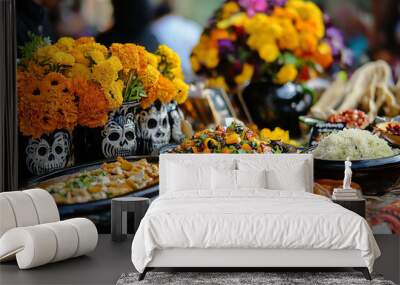 Traditional Feast Table Decorated for Day of the Dead with Mexican Dishes   Wall mural